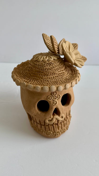 Embroidered/3D Flowers w/Hat Dia De Muertos Skull - Natural