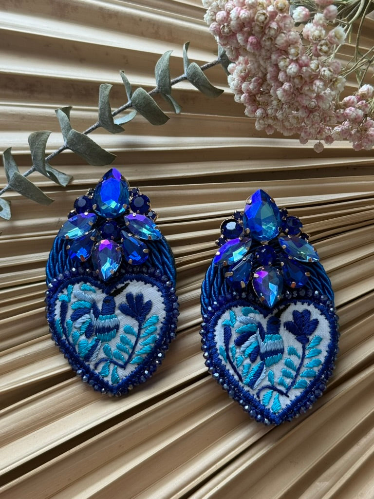 Hand Embroidered Flat Heart Shaped Hummingbird Earrings