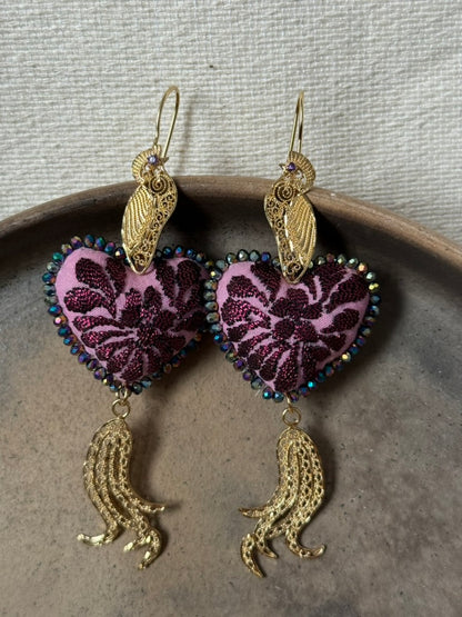 Hand Embroidered Heart Shaped Peacock Earrings