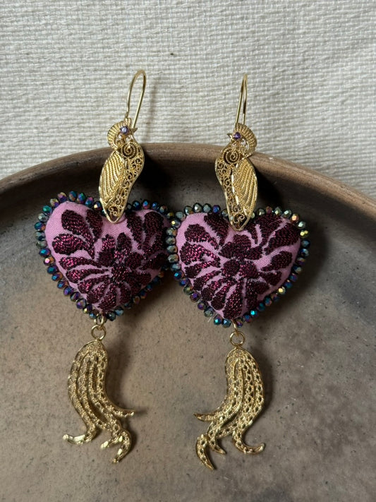 Hand Embroidered Heart Shaped Peacock Earrings
