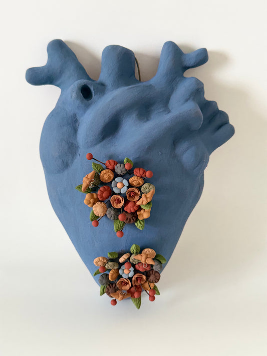 Anatomical Clay Heart w/3D Flowers - Blue