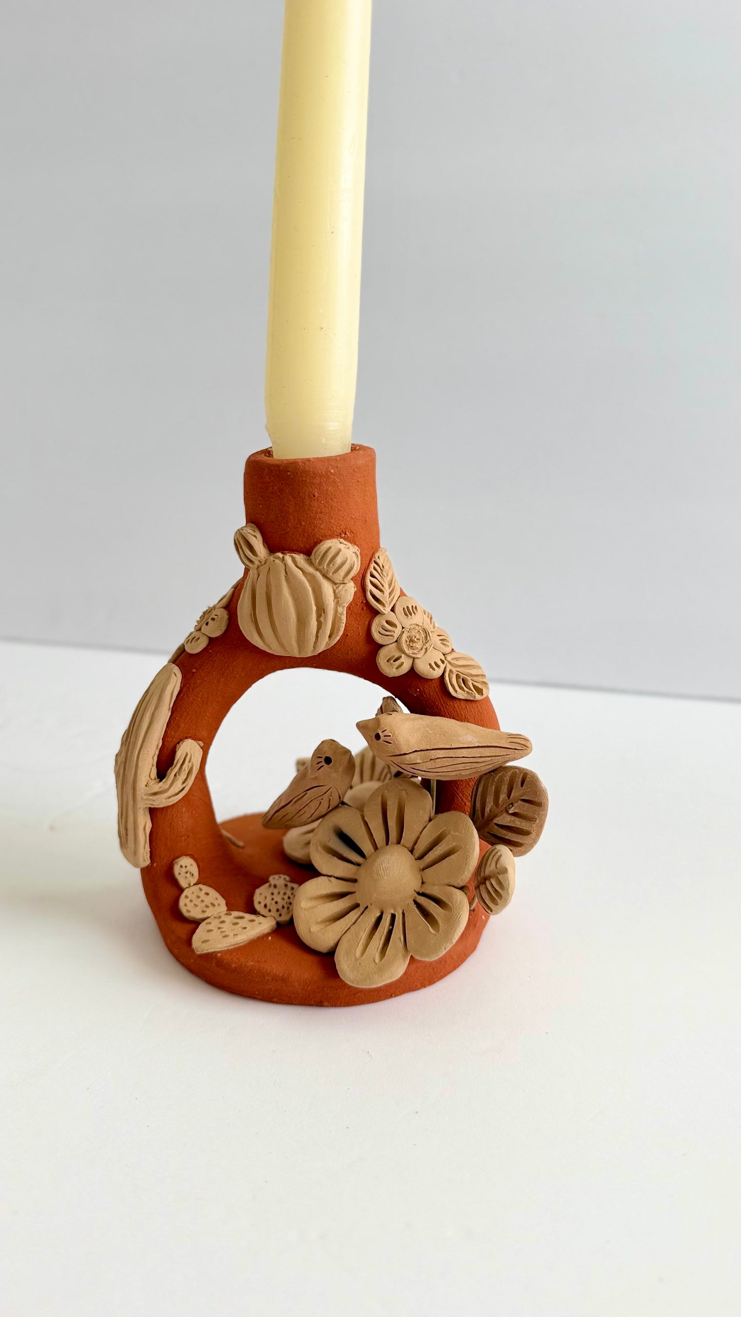 Handmade Clay Floral/Cactus Candleholder - Two Tone 2