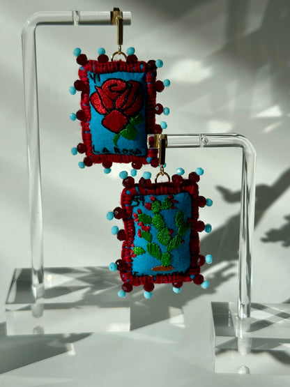 Blue/Red Loteria Earrings Nopal/Rosa
