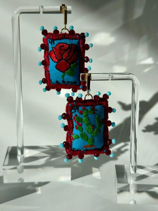 Blue/Red Loteria Earrings Nopal/Rosa