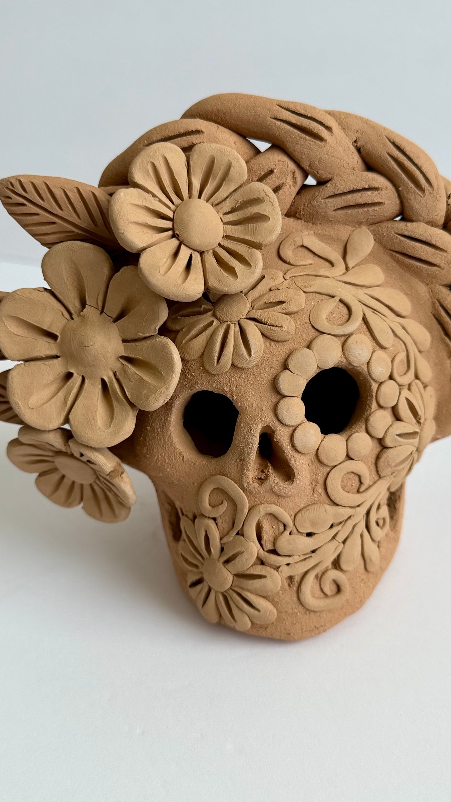 Embroidered/3D Flowers Dia De Muertos Skull - Natural