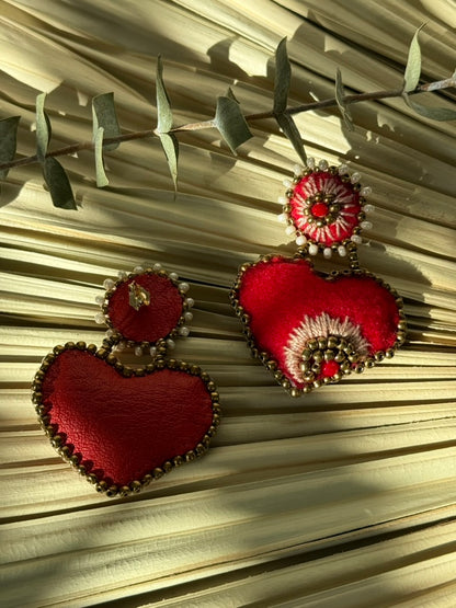 Heart Shaped Earrings - Red/Beige