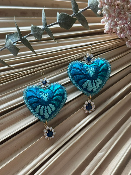 Hand Embroidered Heart Shaped Earrings - Multicolor Blue