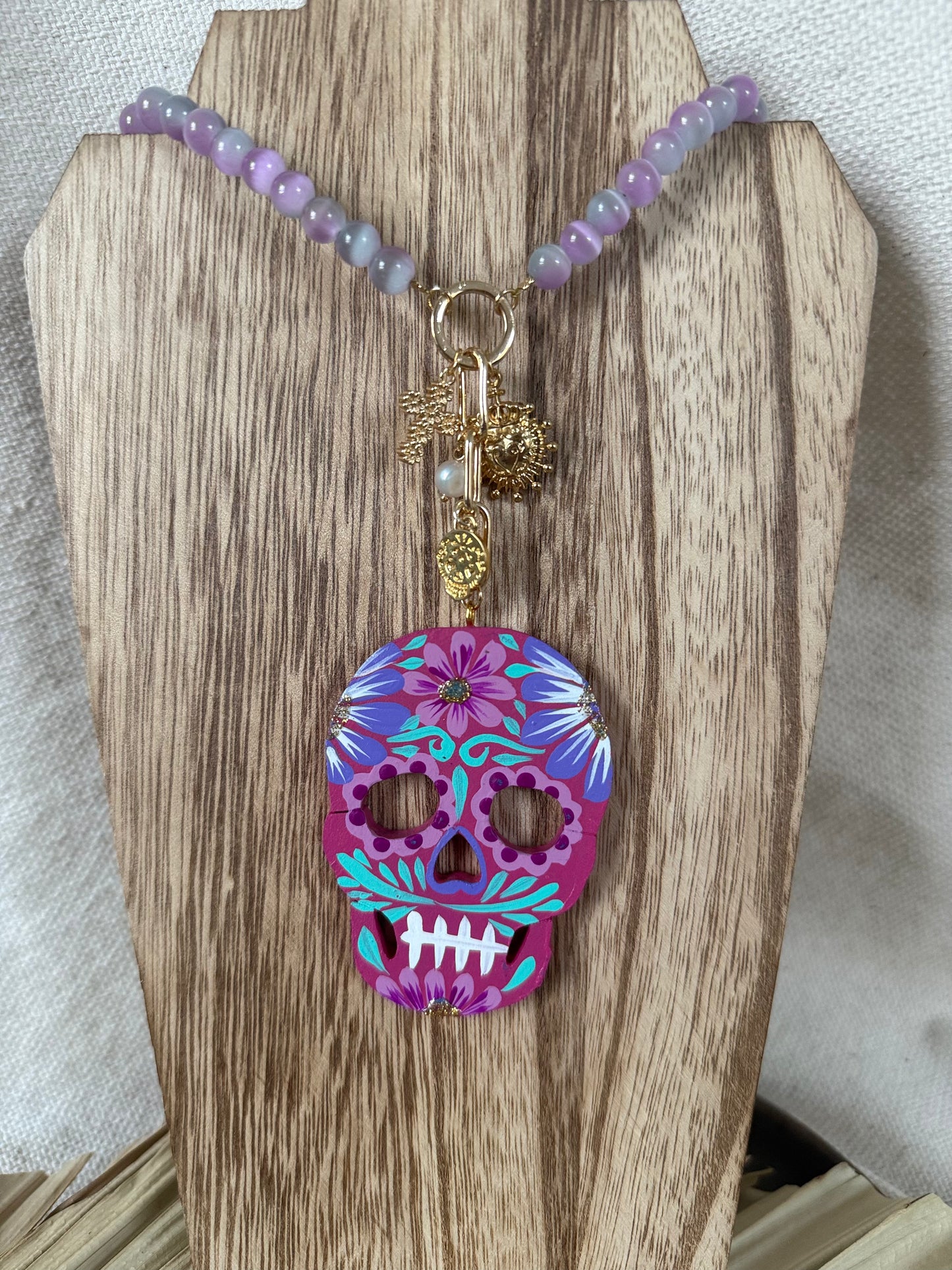 Beaded/Hand-painted Wooden Catrina Necklace