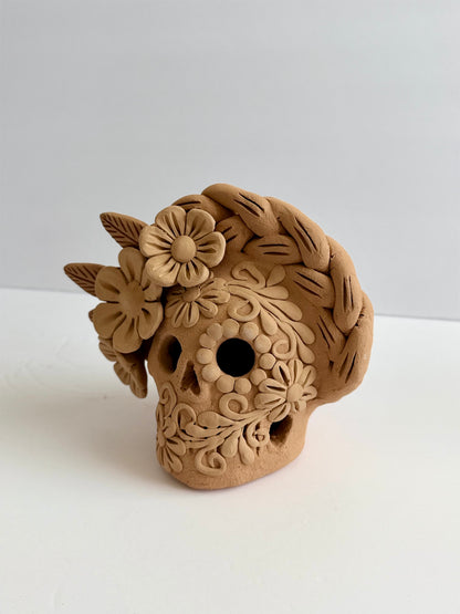 Embroidered/3D Flowers Dia De Muertos Skull - Natural
