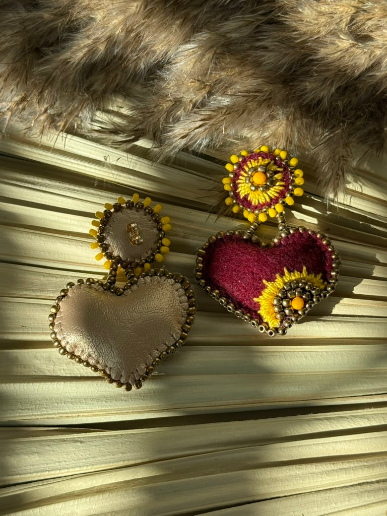 Heart Shaped Earrings - Burgundy/Yellow