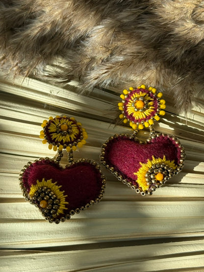 Heart Shaped Earrings - Burgundy/Yellow