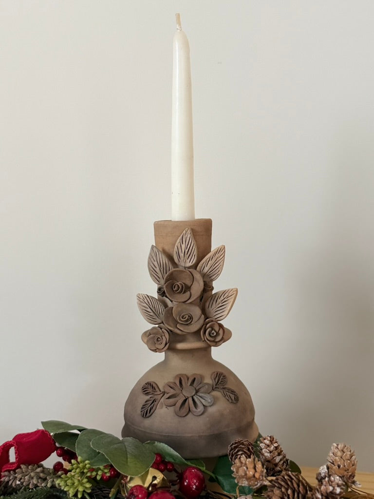 Smoked Clay Candleholder - 3D Flowers