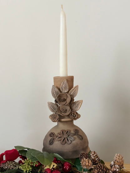 Smoked Clay Candleholder - 3D Flowers