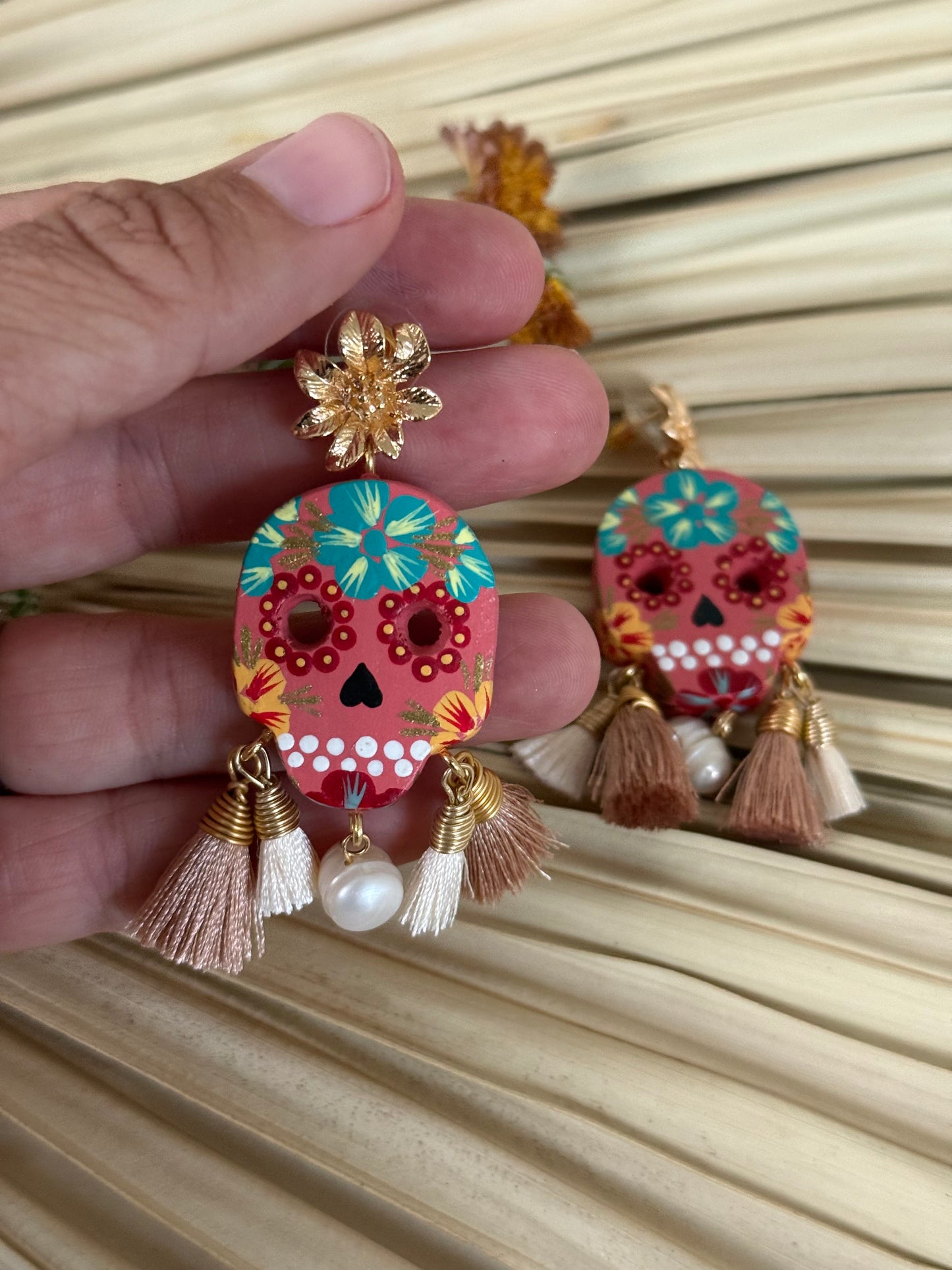 Wooden Catrina Earrings - Pink/Green
