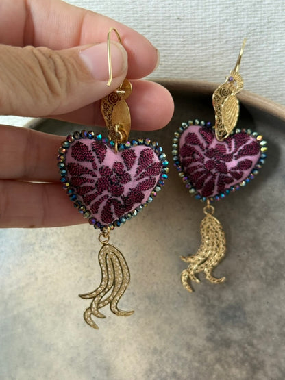Hand Embroidered Heart Shaped Peacock Earrings