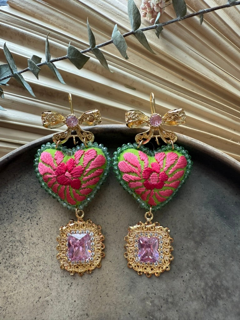 Hand Embroidered Heart Shaped Earrings - Pink/Green