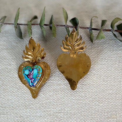 Purple Hummingbird Sacred Heart Earrings