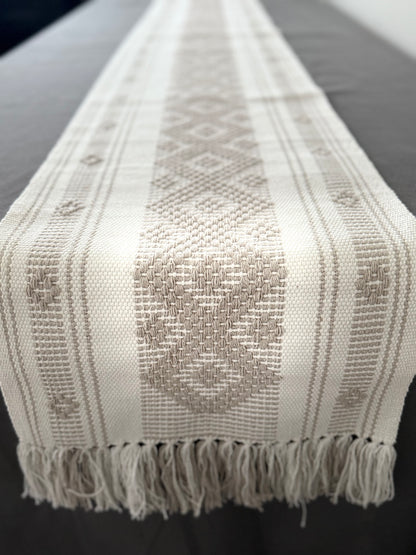 Handwoven Backstrap Loom Table Runner – White & Cream