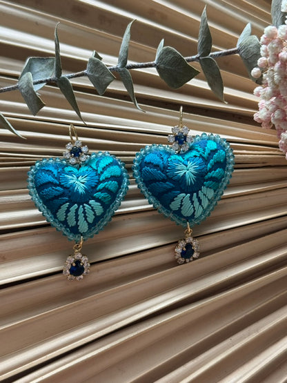 Hand Embroidered Heart Shaped Earrings - Multicolor Blue