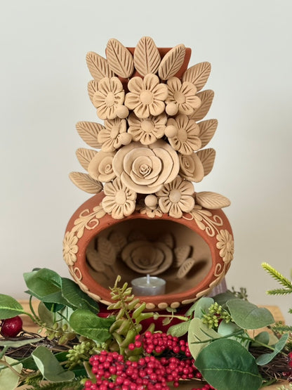 Handcrafted Clay Chimney Candle Holder with 3D Floral Detail