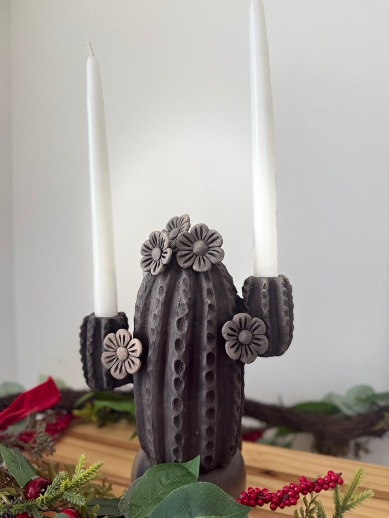 Smoked Clay Cactus Candle Holder