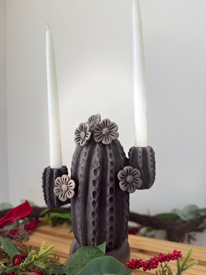 Smoked Clay Cactus Candle Holder