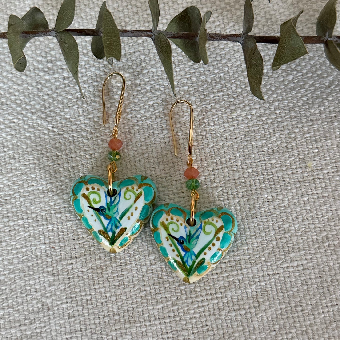 Hummingbird Heart-Shaped Earrings - Teal