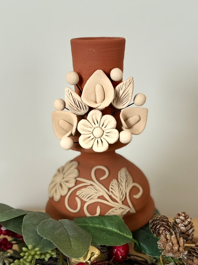 Red Clay Candleholder - Alcatraz 3D Flowers