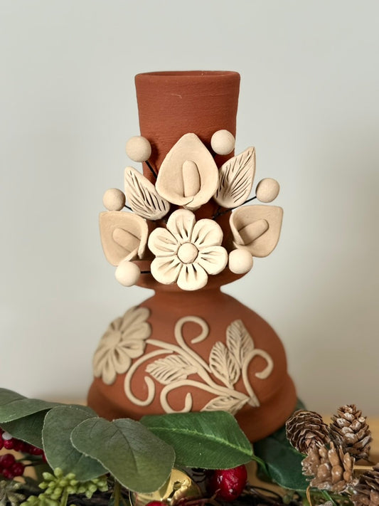 Red Clay Candleholder - Alcatraz 3D Flowers