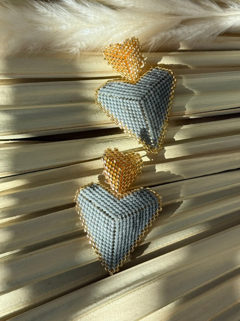 Grey/Gold Miyuki Beaded Heart Earrings
