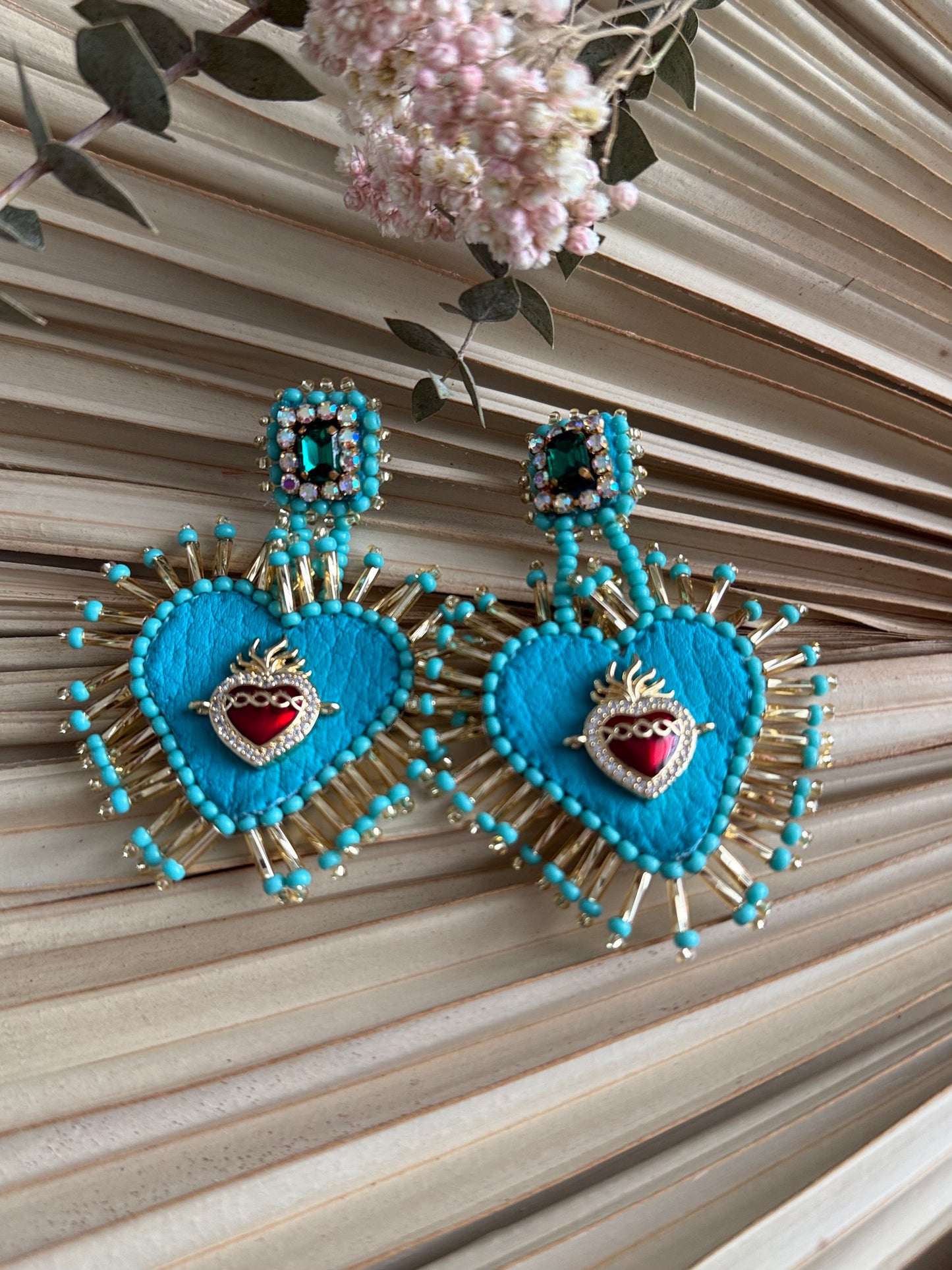 Beaded Sacred Heart Earrings - Teal