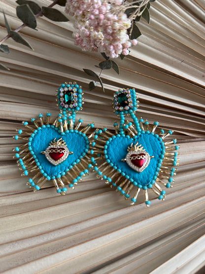 Beaded Sacred Heart Earrings - Teal