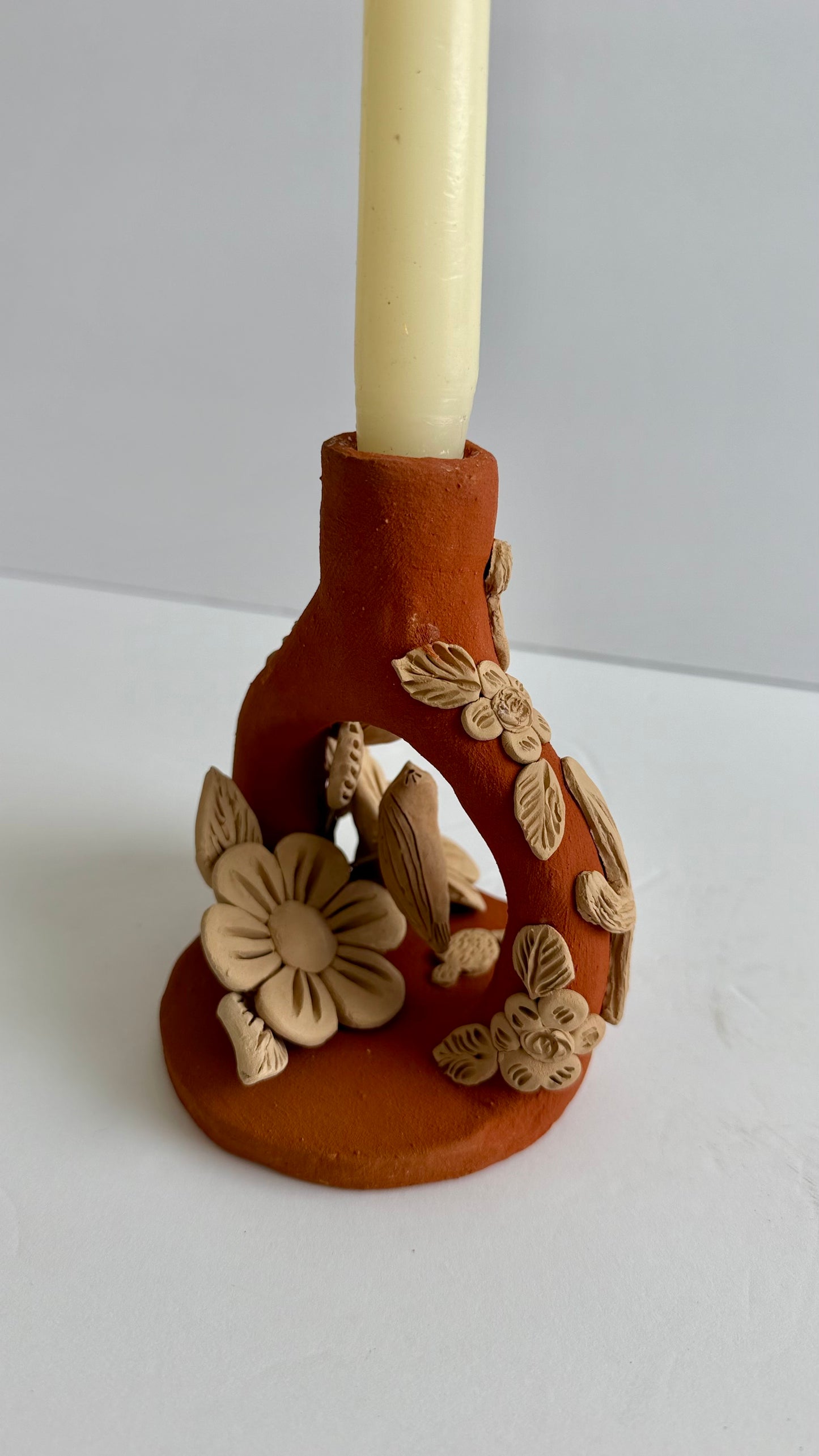 Handmade Clay Floral/Cactus Candleholder - Two Tone 2