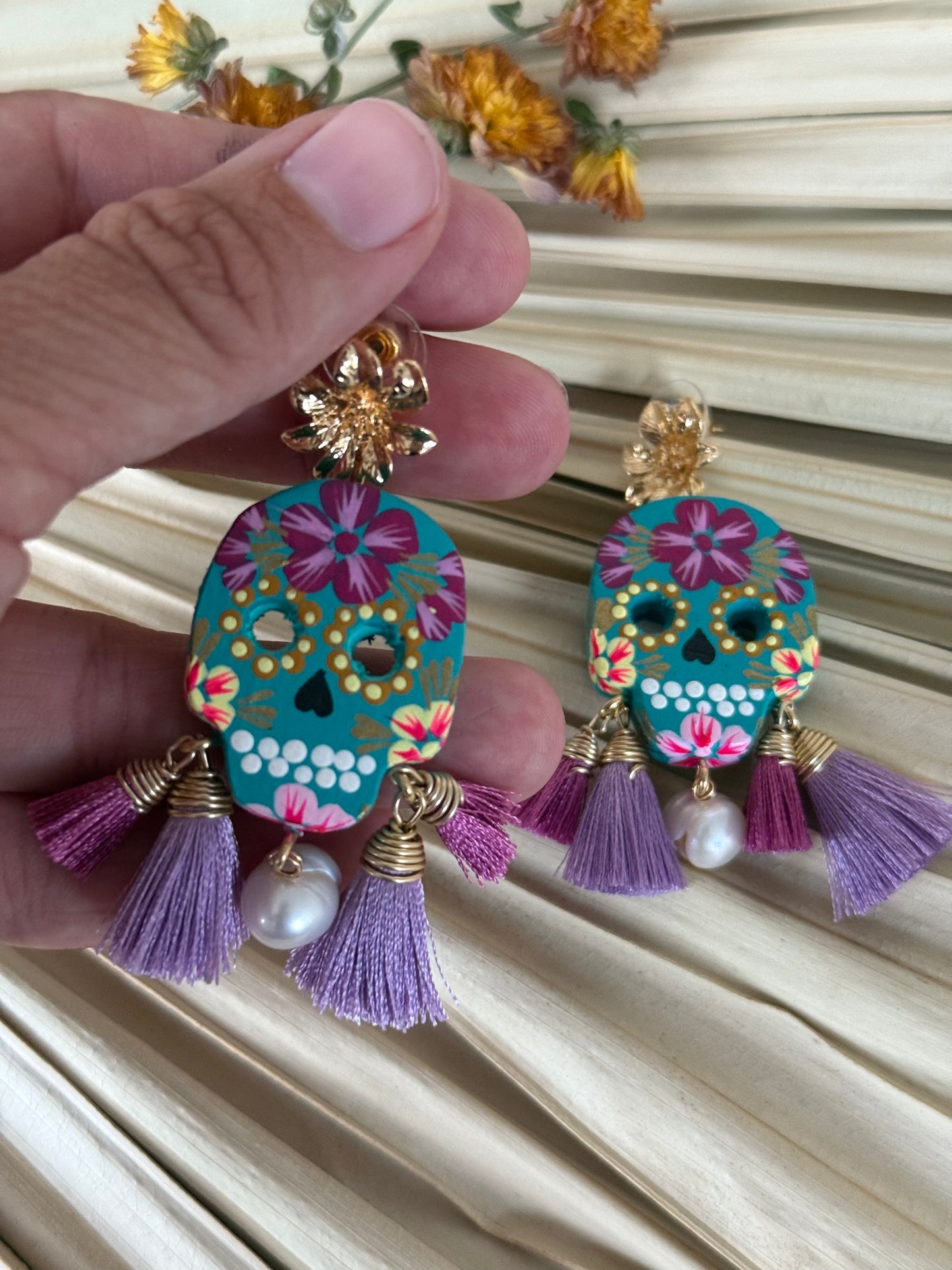 Wooden Catrina Earrings - Teal/Purple