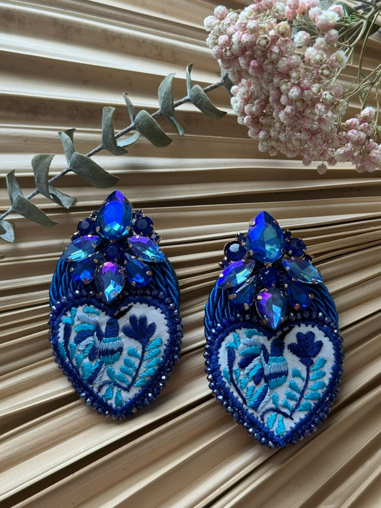 Hand Embroidered Flat Heart Shaped Hummingbird Earrings