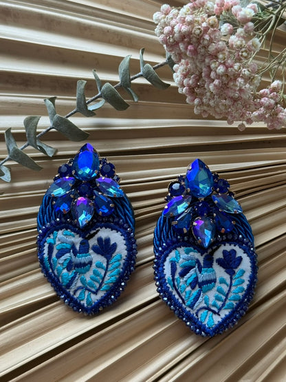Hand Embroidered Flat Heart Shaped Hummingbird Earrings