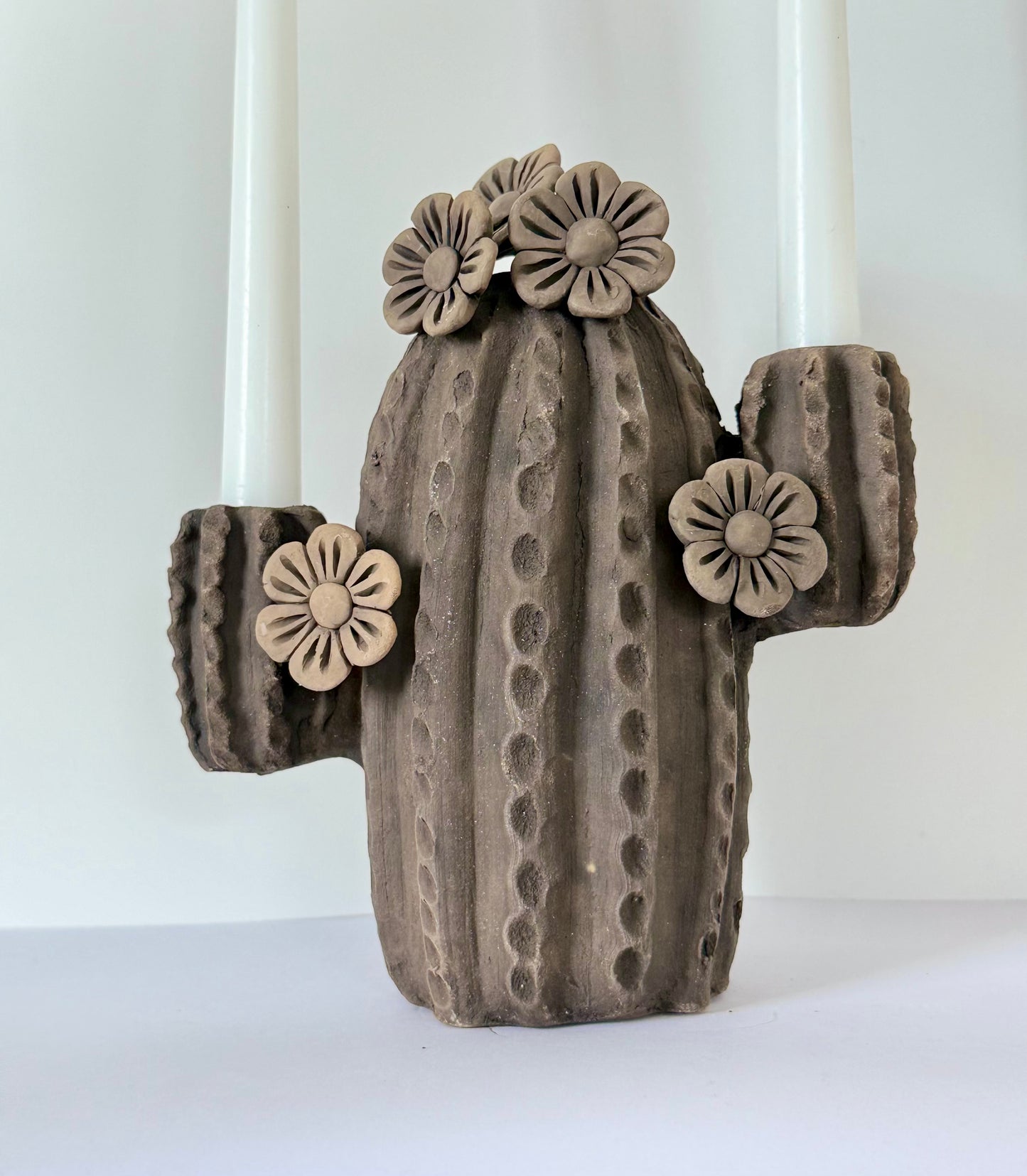 Smoked Clay Cactus Candle Holder