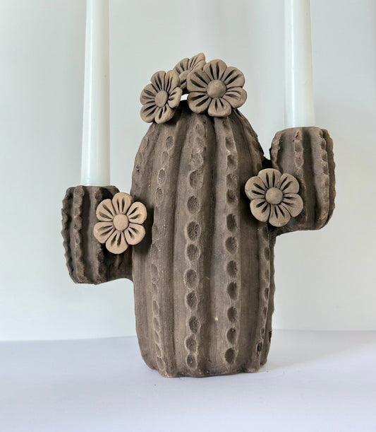 Smoked Clay Cactus Candle Holder