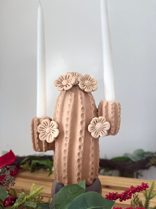Natural Clay Cactus Candle Holder