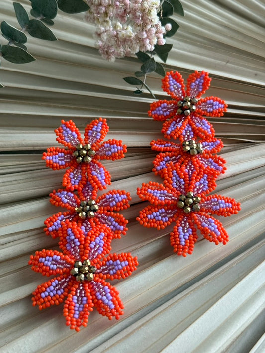 Beaded Flower Earrings - Orange