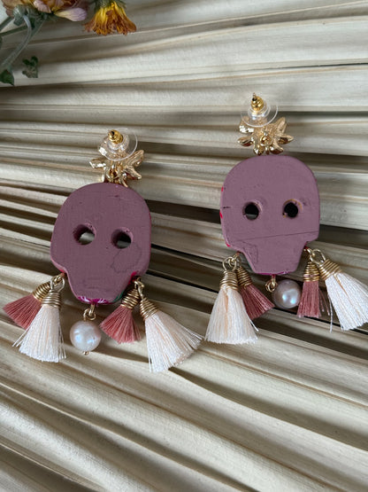 Wooden Catrina Earrings - Powder Pink/Red