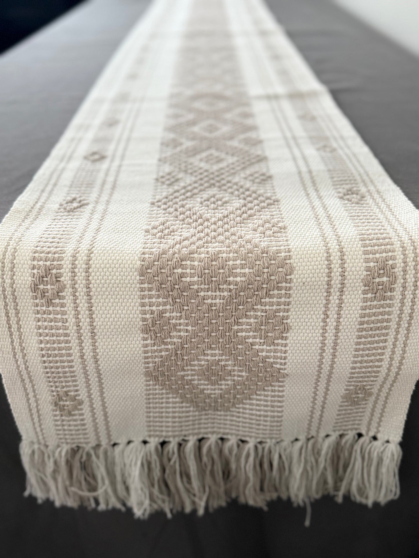 Handwoven Backstrap Loom Table Runner – White & Cream