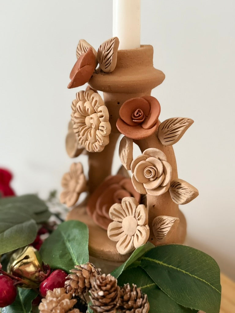 Handmade Clay Candleholder - 3D Flowers