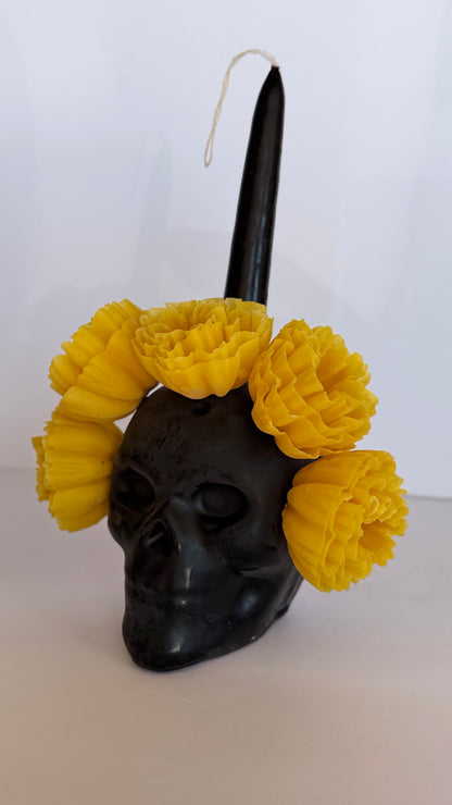 Handmade Beeswax Calavera Candle - Cempasuchil Yellow/Black