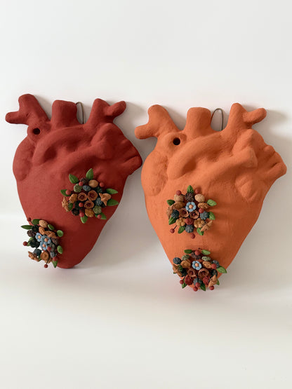 Anatomical Clay Heart w/3D Flowers - Burnt Red