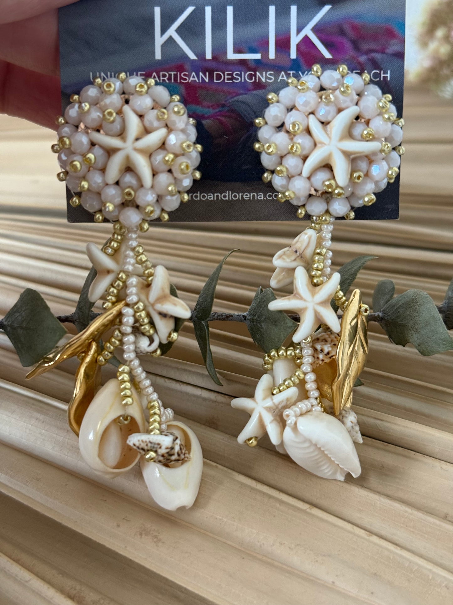 Beaded Seashell Earrings - Cream/Gold
