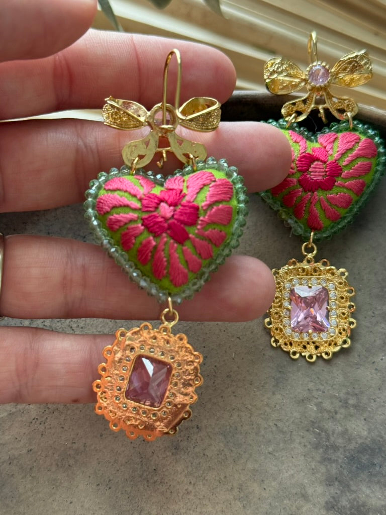 Hand Embroidered Heart Shaped Earrings - Pink/Green