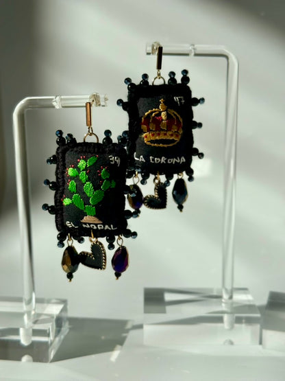 Black Loteria Earrings Nopal/Corona