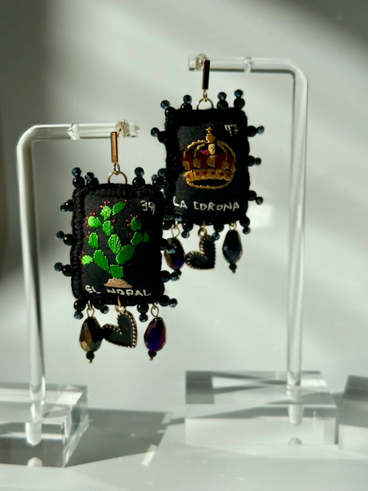 Black Loteria Earrings Nopal/Corona