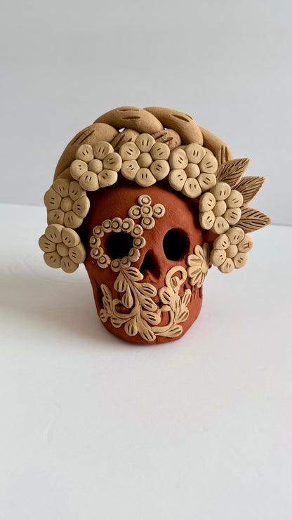 Embroidered/3D Flowers Dia De Muertos Skull - Two Tone